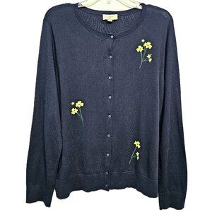 Loft Women's Navy Cardigan Sweater with Yellow Floral Embroidery Size XL